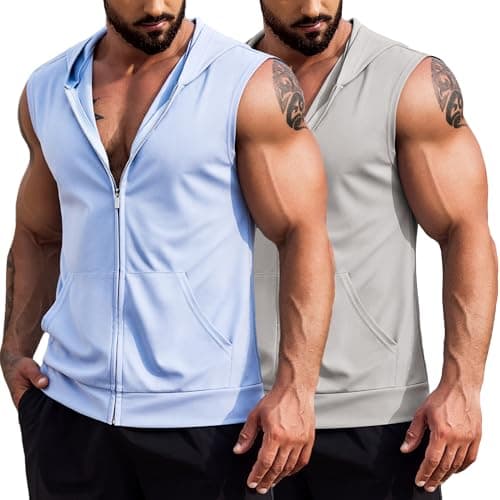 COOFANDY Cut Off Shirt Men Pack Bodybuilding Shirt Hooded Pack Sleeveless Workout Shirts for Men Grey and Light Blue Small - Image 1