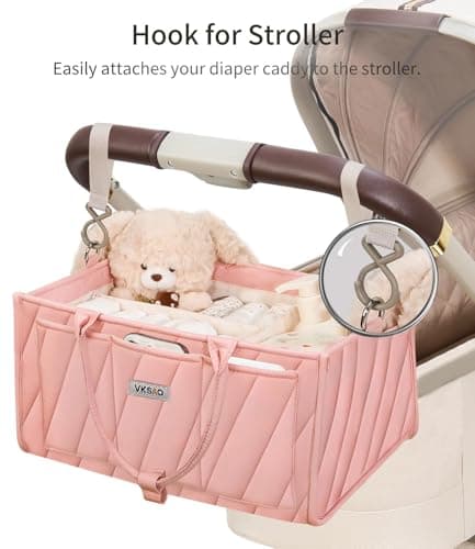 VKSAO Pink Diaper Caddy Organizer – Portable Storage Basket with Shoulder Strap & Stroller Hooks, Splashproof Quilted Nursery & Car Tote for Baby Girl Shower Gift, Baby Registry, Blush Pink - Thumbnail 4