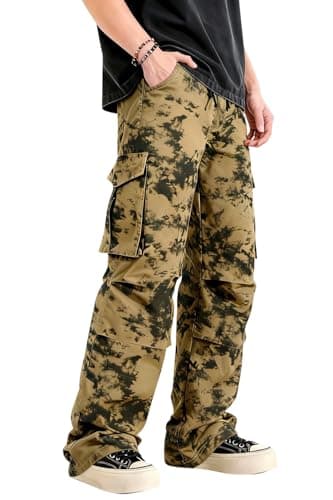 GINGTTO Baggy Cargo Pants Men Brown Camo Wide Leg Fashion Y2K Loose Fit Streetwear Drawstring Stretch 28 - Image 1