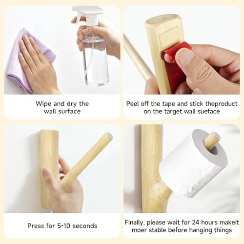 Wooden Toilet Paper Holder Wall Mount- Self Adhesive Bathroom Tissue Roll Holder, Retro Bohemian Farmhouse Style, No Drilling for Small Spaces Bathrooms RVs and More - Natural Wood Color - Thumbnail 4