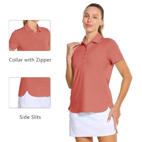M MAELREG Golf Shirts Women Dry Fit Short Sleeve Button Casual Stretch Performance Tennis Womens Polo Shirts Coral Pink - Thumbnail 5
