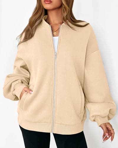 KIRUNDO Oversized Sweatshirt for Women Zip Up Bomber Jacket 2026 Fall Fashion Casual Long Sleeve Outerwear Winter Outfits(Beige, Large) - Thumbnail 4