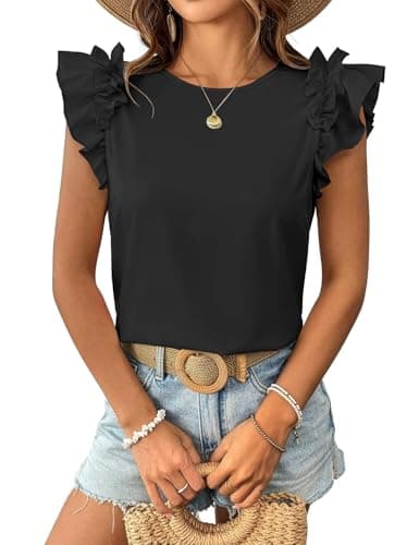 Summer Shirts for Women 2026 Trendy Casual Ruffle Short Sleeve Tops T Shirts Round Neck Cute Flutter Tee Tops Loose Fit Dressy Blouses Black XL - Thumbnail 2