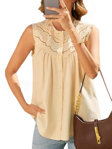 IYICLOTH Women Lace Trimmed Ruched Tank Top Summer Sleeveless Vacation Boho Tops Dressy Casual Button Down Shirts Lightweight,2XL Apricot - Image 1