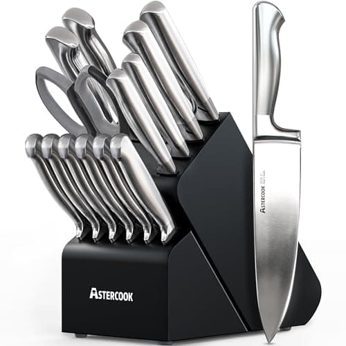 Astercook Knife Set, 15 Piece German Stainless Steel Kitchen Knife Set with Built-in Sharpener, One-Piece Knife Block Set with Wooden Block Rust-Resistant Dishwasher Safe Knives Set for Kitchen Gift - Image 1