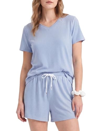 PATPAT Womens Pajama Set 2 Piece Ribbed Knit Soft Lounge Set with Pockets Short Sleeve Top and Shorts Summer Sleepwear Outfit Light Blue, M - Image 1