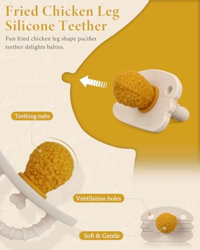 Chuya 2 Pack Pacifier Teether Baby Toys 0 3 6 9 12 Months, Fried Chicken Leg Shape Teething Baby Pacifier Silicone Babies Teethers Teething Relief for Babies,Infant Toys Sensory Toys - Thumbnail 3