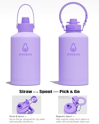 avodvo 1 Gallon Water Bottle with 2 Lids (2-in-1 Straw & Spout Lid, Magnetic Lid), Insulated Water Bottle with Strap, Stainless Steel Water Bottle for Hiking, Gym, Travel, BPA-Free, Purple - Thumbnail 3