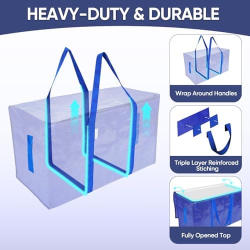 TICONN 12 Pack Extra Large Moving Bags Heavy Duty with Zippers & Carrying Handles, Durable Storage Bags Moving Boxes for Closet Organizers and Storage (12 Pack, Blue) - Thumbnail 2