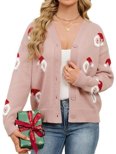 SunnyMelody Womens Christmas Funny Ugly Cardigan Sweater Winter 2025 Snowflake Santa Reindeer Tree Vacation Outfits Oversized Button Front Xmas Cardigans Pink S - Image 1