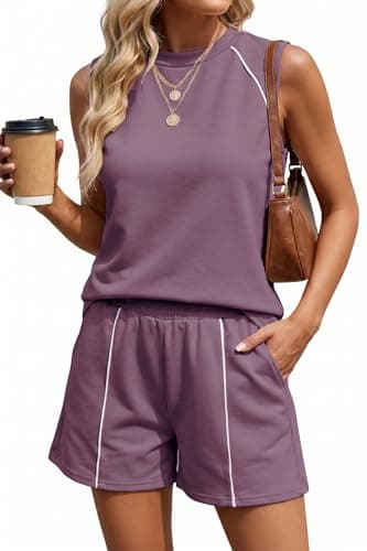 GTMRINJN Women's Summer Outfits Sleeveless Matching Set for Women Casual Two Piece Short Workout Athletic Sets 2 Piece Outfits Streetwear Set Plus Size XXL Mauve - Image 1
