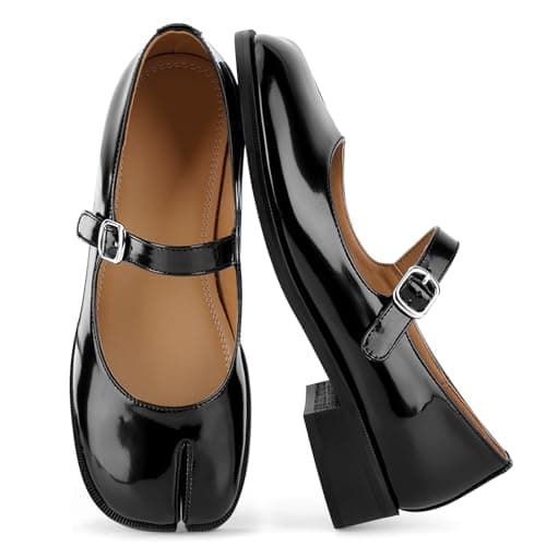 VOZTOLLS Tabi Mary Jane Shoes Women Split Toe Ankle Buckle Strap Womens Flats Comfort Casual Dressy Party School Work Dress Pumps Shoes Black Size 9.5 - Image 1