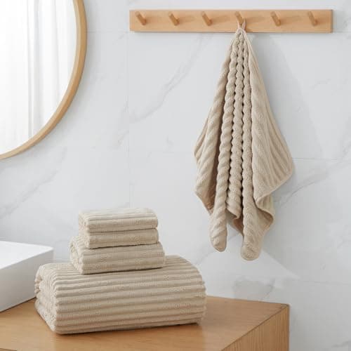 NALIVO 6-Piece Bath Towel Set(30"x60"), 2 Large Bath Towel Sheets, 2 Hand Towels and 2 Washcloths - Highly Absorbent Quick Dry Microfiber,Ultra Soft Towel Set for Bathroom (Beige) - Thumbnail 2
