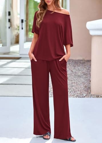 KIRUNDO Lounge Sets for Women Airport Travel Outfit 2026 Summer Off the Shoulder Tops Wide Leg Pants 2 Piece Matching Set(Burgundy, Large) - Thumbnail 3