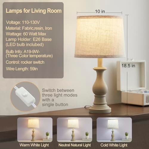Hikczc Vintage Table Lamp for Living Room Bedroom, 18.5" Farmhouse Bedside Lamps Nightstand Lamp Set of 2, Table Lamps with Oatmeal Linen Lamp Shades, 2 LED Bulbs Included - Thumbnail 2