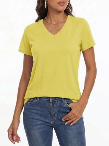 LaGracia Women's Cotton T Shirt V-Neck Short Sleeve Shirt Classic-Fit Casual Breathable Tee Summer Basic Tops Yellow M - Thumbnail 2