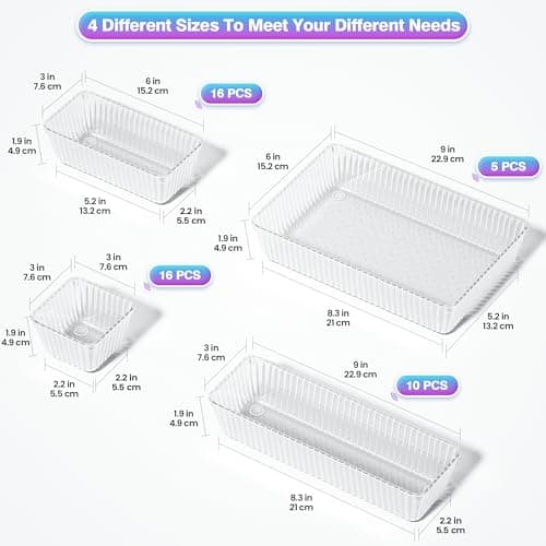 Okylvve 47 PCS Clear Plastic Drawer Organizer Set - 4 Sizes Makeup Organizer Desk Drawer Divider Bathroom Organizers and Storage Bins for Makeup, Jewelry, Gadgets, Office, Kitchen, Bedroom, Bathroom - Thumbnail 2