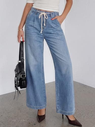 ANRABESS Womens Wide Leg Jeans High Waisted Trendy Drawstring Denim Pants Casual Relaxed Fit Trouser with Pockets Light Blue XX-Large - Thumbnail 3