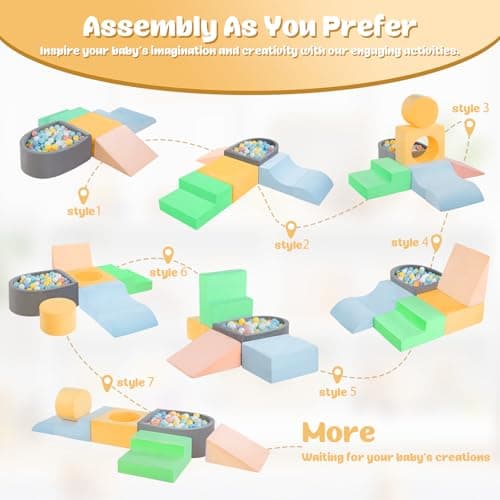 MIND&ACTION Toddler Climbing Toys Indoor, Baby Foam Climbing Blocks with Ball Pit for 1-3 Years Old, 6-Piece Soft Play Set Climbing Blocks, Climb Crawl Activity, Birthday (Balls not Included) - Thumbnail 4