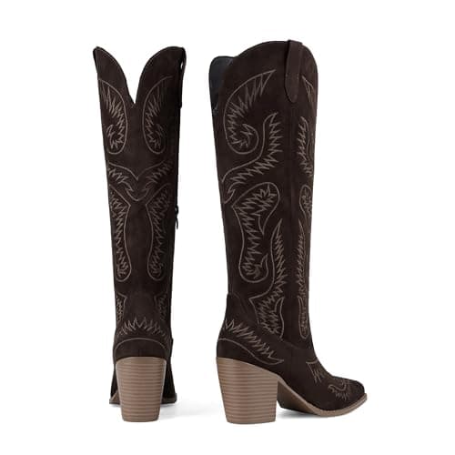 femflame Brown Women's Cowboy Boots Western Boots with Embroidery Suede Knee High Boots for Women Cowgirl Boots Wide Calf Boots for Women with Pointed Toe Chunky Heels Zipper - Thumbnail 6