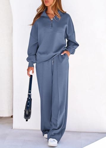 Lazysmile 2 Piece Sets For Women Lapel Half Zip Sweatshirt and Wide Leg Long Pants Sweatsuit Lounge Sets Workout Sets - Thumbnail 6