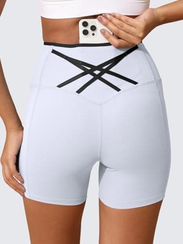 Aoysky Womens Workout Biker Shorts 5" Color Block High Waisted Yoga Athletic Shorts White - Thumbnail 2
