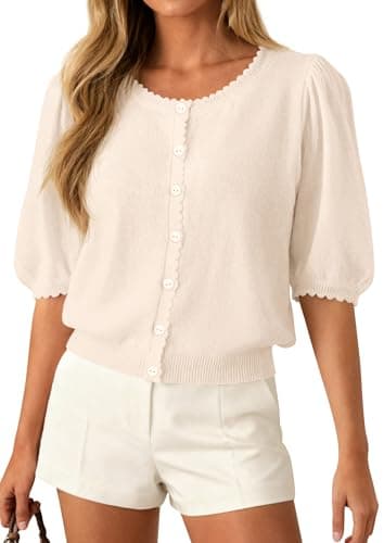PRETTYGARDEN Puff Short Sleeve Cardigans for Women Lightweight 2026 Summer Shirts Button Up Knit Sweater Tops Spring Clothes (Beige,XX-Large) - Image 1