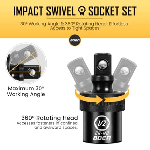 BOEN 6PCS Impact Universal Joint Sockets and Drill Adapters, 1/2" 1/4" 3/8" Drive Swivel Socket Set for Impact Wrench, CR-MO Steel Universal Joint Adapter Wobble with Storage Case - Thumbnail 4