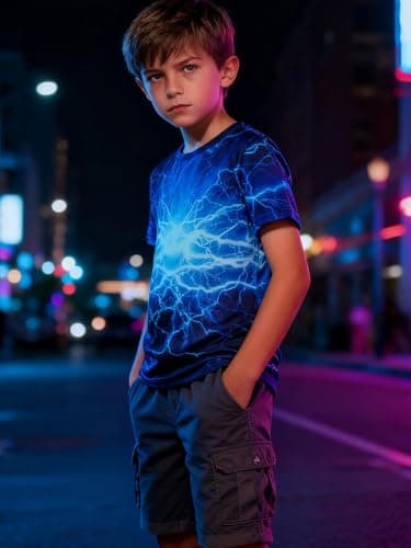 Funnycokid Boys Shirts Size 12 14 Neon Blue Girls Youth T-Shirts Lightning Clothes Tops Tees Graphic Short Sleeve Birthday Cool 13-14 Years - Thumbnail 3