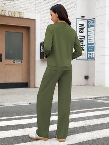 Casly Lamiit Womens Two Piece Lounge Set Fall Casual Travel Outfits Mock Neck Sweatshirt Wide Leg Pants 2025 Matching Airport Tracksuit Army Green XL - Thumbnail 6