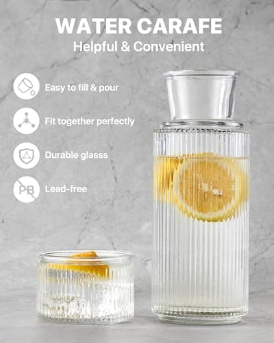 DmmyAlzx Bedside Water Carafe and Glass Set, Classic Vertical-Striped 27oz Glass Carafe with 7.1oz Tumbler Lid, Nightstand Water Pitcher, Bathroom Mouthwash Dispenser, Elegant Gift for Home & Office - Thumbnail 2