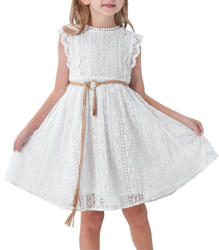 ALLOVIN Toddler and Girls Vintage Boho A-Line Lace Dress with Belt Pom Pom Trim Birthday Party Dress | White | 3-4T - Image 1