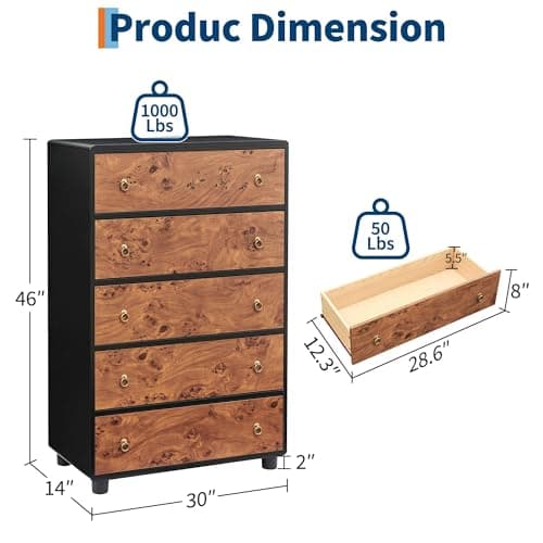 Garvee 5 Drawers Dresser for Bedroom, 46" Tall Wood Chest of Drawers with Metal Handles, Heavy-Duty TV Stand for Living Room, Closet Storage Organizer, Natural Oak - Thumbnail 2