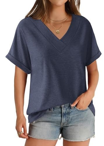 GKBK Womens Short Sleeve T Shirts V Neck Loose Fit Shirts Summer Casual Basic Tee Tops Dark_Blue M - Image 1