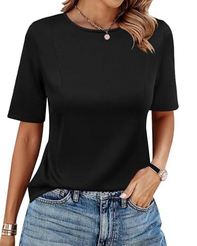 Newshows Womens Summer Tops 2026 Wrinkle-Free Short Sleeve T Shirts Dressy Blouses Work Office Business Casual Outfits(Black,XL) - Image 1