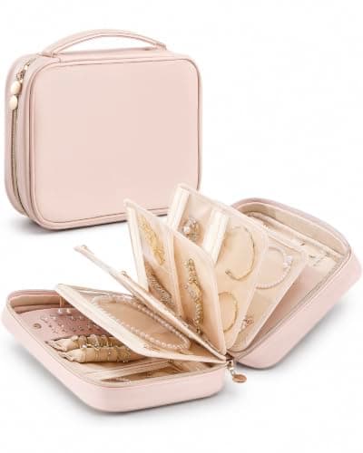 Lolalet Travel Jewelry Notebook Organizer Case, Large Jewelry Binder Book with Individual Pouches, Portable Leather Zippered Bag for Storage of Earring, Ring & Necklace, Gift for Women -Apricotpink - Image 1
