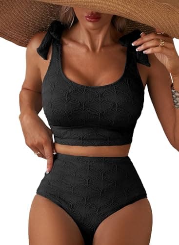 Herseas Women High Waisted Bikini Sets Two Piece Swimsuits Tummy Control High Elasticity Soft Breathable Bathing Suits Seashell Textured Tie Straps Fashionable Cruise Outfits Black X-Large - Image 1