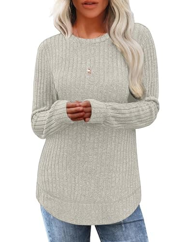 Long Sleeve Shirts for Women Lightweight Sweaters Long Sleeve Tunic Tops Fashion Curved Hem Dressy Cozy Blouses (Apricot, Medium) - Thumbnail 2