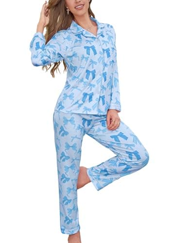 Pajamas for Women Set 2 Piece lounge sets Long Sleeve Button Down Loungewear Bow Print Sleepwear Soft Pj,Chest Pocket Blue L - Image 1