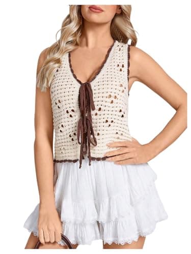 GORGLITTER Women's Crochet Tops Boho Tie Front Knit Crop Tank Tops Sleeveless Western Cowgirl Summer Going Out Outfits White and Brown X-Large - Image 1