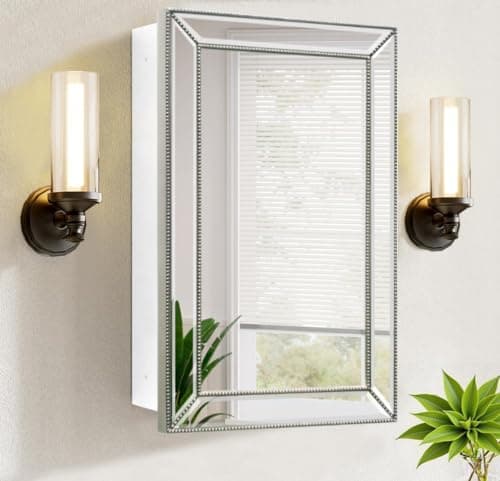 FOMAYKO Bathroom Medicine Cabinet with Silver Metro Beaded Wooden Frame, 16x26 Inch Retro Bevel Mirror, Recessed or Surface Mount Bathroom Cabinet,Space-Saving Storage Cabinet - Image 1