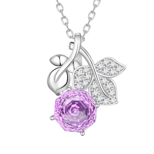Birthstone Rose Pendant Necklace - 925 Sterling Silver February Amethyst Rose Cut Cubic Zirconia Flower Leaf Necklace Anniversary Birthday Jewelry Gift for Women Wife Mom Daughter DP0389F - Image 1