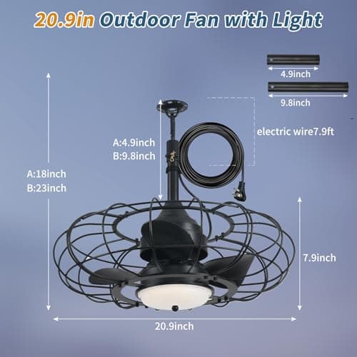 AHAWILL Outdoor Ceiling Fan with Light,20in Gazebo Fan with Remote and APP, 6 Speed,Dimmable 3 Color,Waterproof Cage Fan for Patio,Porch, Pergola,Canopy (dark black) - Thumbnail 2