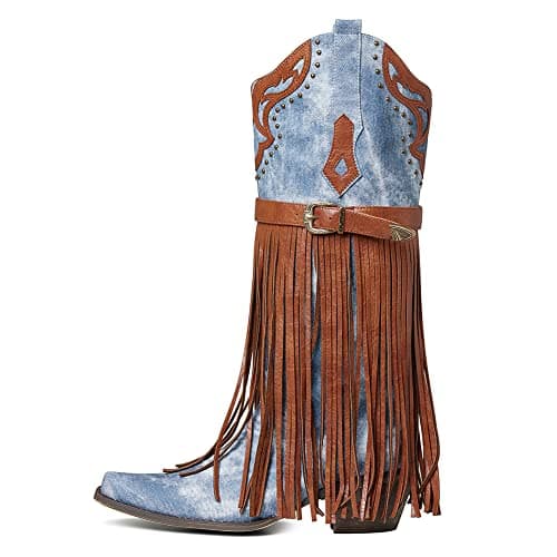 SaraIris Women's Blue Western Mid Calf Boots, Size 9.5, Knee-High, Fringe, Pull-On, Pointed Toe, Embroidered, Slip-Resistant, Water-Resistant, Kitten Heel - Thumbnail 6
