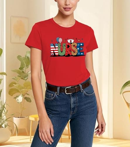 HARESEN 4th of July Nurse Shirt Women- Patriotic Nurse Shirts American Flag T-Shirt Nurses Inspirational Tee - Thumbnail 4