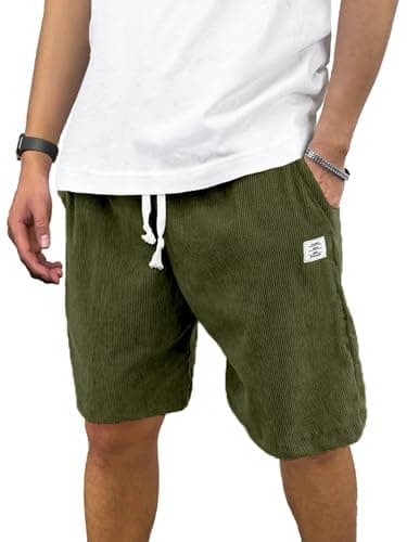 PLEPAN Mens Corduroy Shorts Casual 7 Inch Inseam Elastic Waist Drawstring Summer Beach Shorts Large Army Green - Image 1