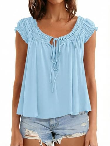 Beloyoni Womens Summer Babydoll Flowy Tank Tops Tie Front Ruffle Cap Sleeve Blouses Cute Going Out Dressy Shirts Light Blue XS - Thumbnail 2