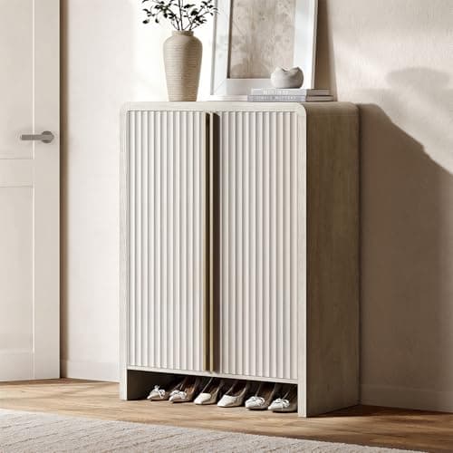 ModernMate 43" Tall Shoe Cabinet, Shoe Storage Cabinet for Up to 20 Pairs, Modern Fluted Shoe Organizer with Adjustable Shelves & Curved Profile, Wood Entryway Cabinet for Hallway, Apartment, Closet - Thumbnail 3