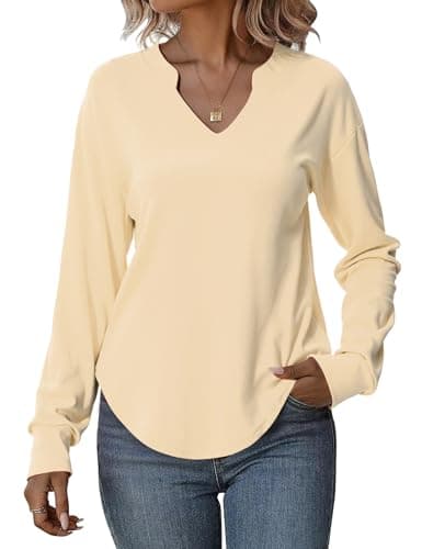 Totatuit Sweatshirts for Women V Neck Long Sleeve Shirts Loose Lightweight Curved Hem Casual Pullover Tops 2025 Fall Apricot Medium - Image 1