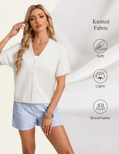 GRACE KARIN Womens Short Sleeve Cropped Cardigan Sweaters Knit Button Down Shirts V Neck Spring Summer Tops 2026 Fashion White - Thumbnail 3